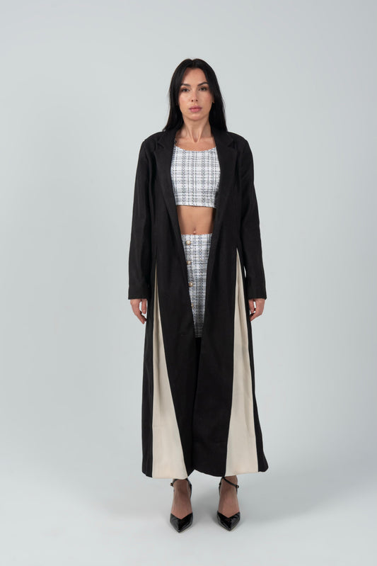 Black Full Length Wool Coat With White Side