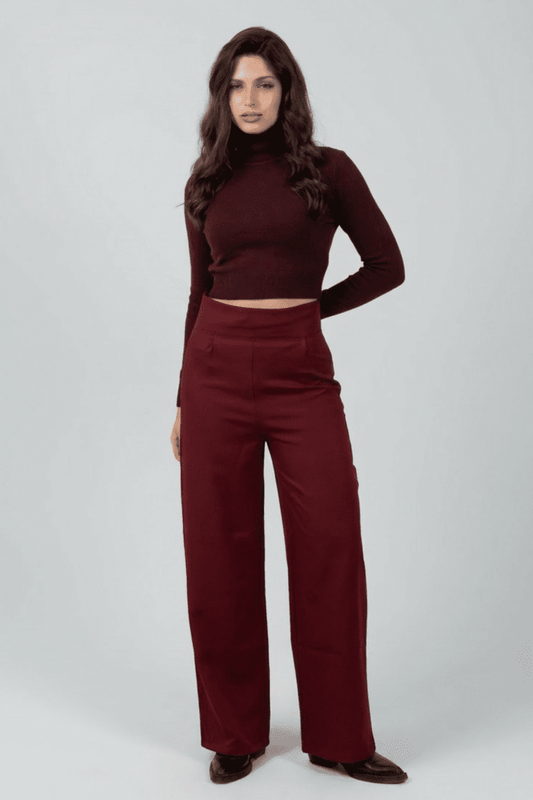 Burgandy High - Waist Classic Trousers - Hushy Wear