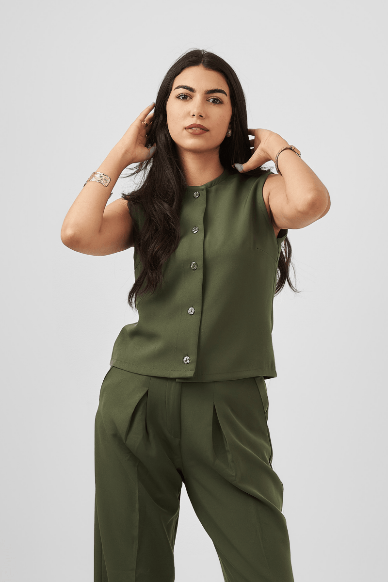 Button Down Sleeveless Top in Olive Green - Hushy Wear